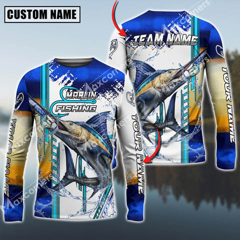 Maxcorners Marlin Fishing Blue Line Skin Fish Pattern Sun Protection Personalized Name And Team Name Long Sweat Shirt