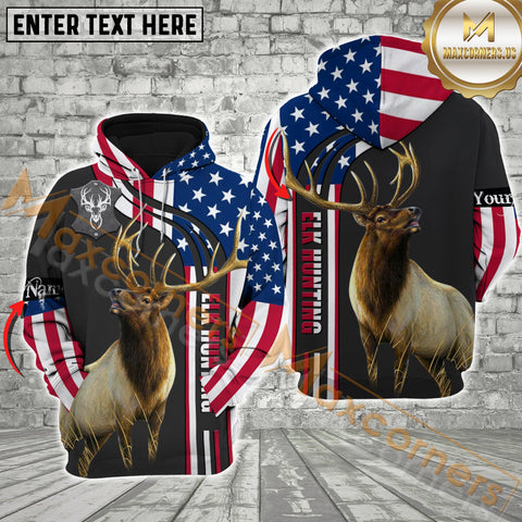 Maxcorners Elk Hunting USA Flag Grey Leather Pattern  Custom Name Shirt 3D All Over Printed Clothes