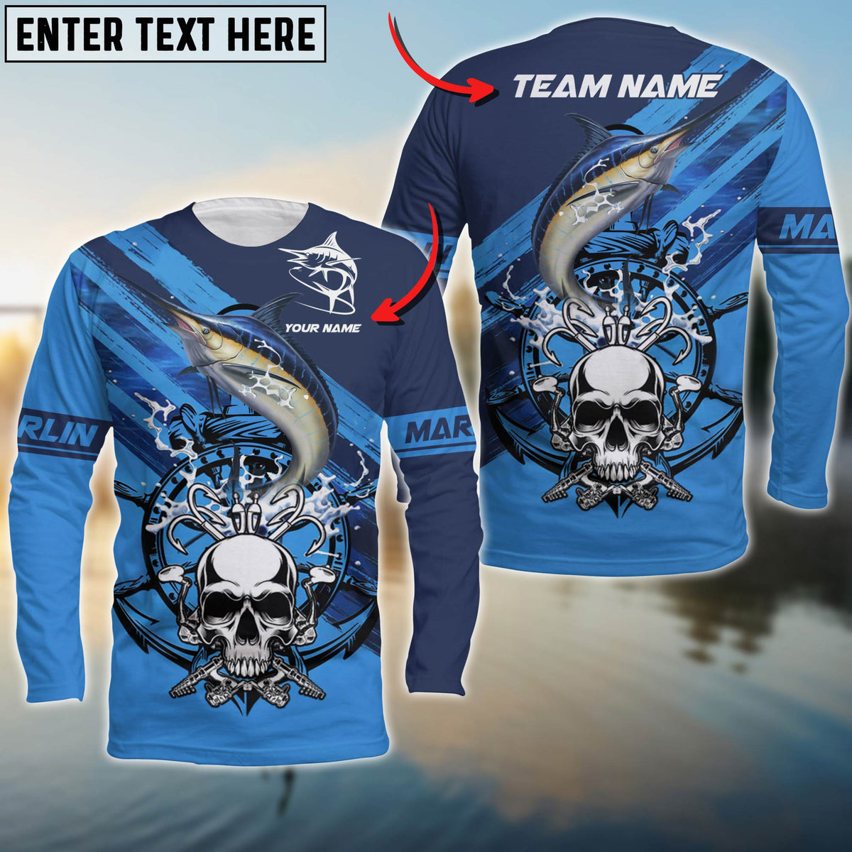 Max Corner Marlin Fishing Skull Water Flow Art Personalized 3D Long Sleeve Shirt