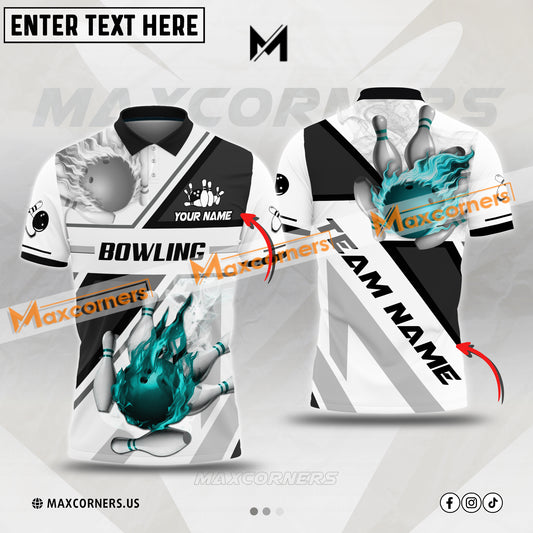 Maxcorners Bowling & Pins Fire Ball Smoke Pattern Multicolor Option Customized Name, Team Name 3D Polo Shirt (4 Colors)