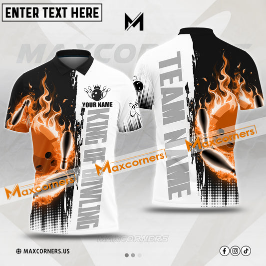 Maxcorners Bowling & Pins Flame Fire King Of Bowling Multicolor Option Customized Name, Team Name 3D Polo Shirt (4 Colors)