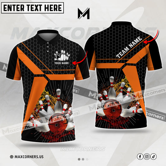 Maxcorners Bowling Ball & Pins Water Hexagon Pattern Pro Sport Jersey Multicolor Customized Name 3D Polo Shirt (4 Colors)