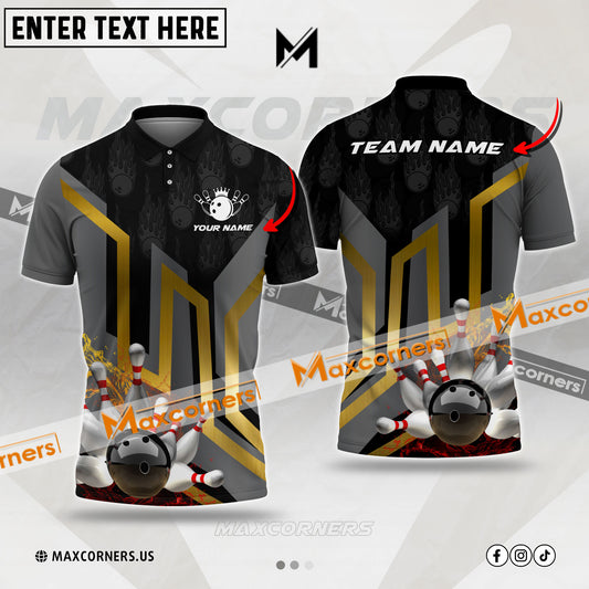 Maxcorners Bowling Ball & Pins Flow Water Premium Pattern Multicolor Option Customized Name 3D Shirt (3 Colors)