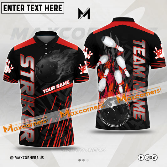 Maxcorner Bowling Ball & Pins Strike Flame Pattern Multicolor Option Customized Name 3D Shirt (4 Colors)