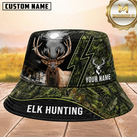 Maxcorners Elk Hunting Green Forest Camouflage Moonlight Personalized Name 3D Bucket Hat