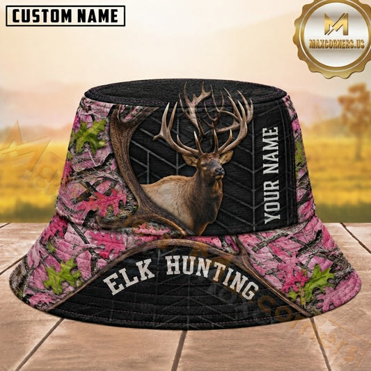 Maxcorners Elk Hunting Pink Woodland Camouflage Black Antler Personalized Name 3D Bucket Hat