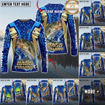 Maxcorners Fishing Blue Gold Tournament Multicolor Options Personalized Name, Team Name 3D Long Sleeve Shirt ( 12 Fish Species)