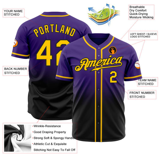 Maxcorners Custom Purple Gold-Black Authentic Fade Fashion Baseball Jersey LM2605