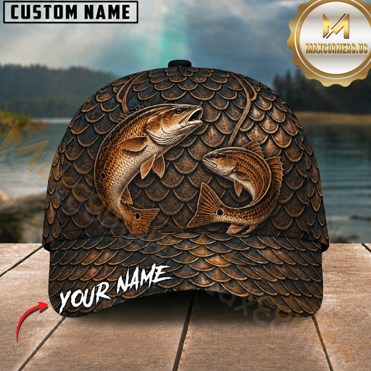 Maxcorners Fishing Bronze Scale Pattern Double Redfish Customized Name 3D Cap
