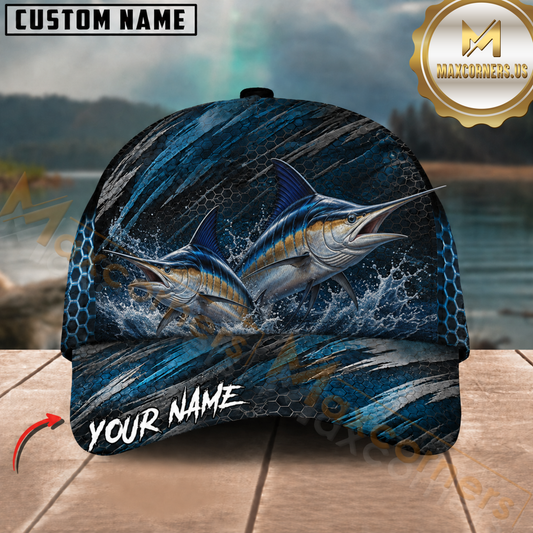 Maxcorners Fishing Double Marlin Blue Hexagon Wave Customized Name 3D Cap