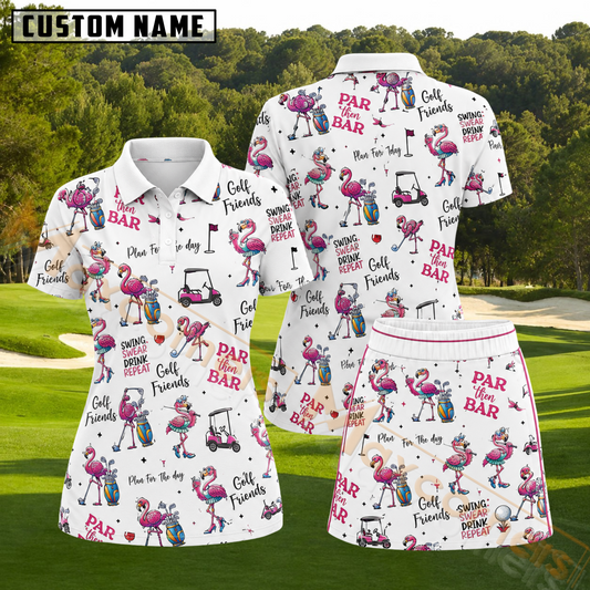 Maxcorners Colorful Flamingo Golf Friends Pattern 3D Golf Shirt and Skirt
