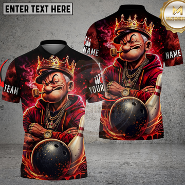 Maxcorners Bowling Cartoon King Popeye Gold Crown Black Red Flame Multicolor Options Personalized Name, Team Name 3D Shirt .