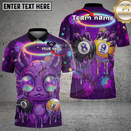 Maxcorners Billiards 8 Ball 9 Ball Horned Monster Neon Halo Purple Paint Splatter Multicolor Options Personalized Name, Team Name 3D Shirt (4 Colors).