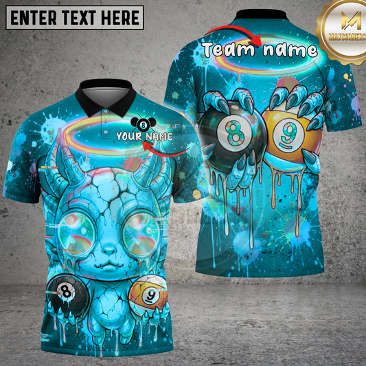 Maxcorners Billiards 8 Ball 9 Ball Horned Monster Neon Halo Purple Paint Splatter Multicolor Options Personalized Name, Team Name 3D Shirt (4 Colors).