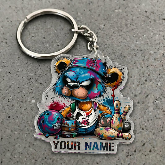 Maxcorners Graffiti Bear Bowling Strike Zone Multicolor Options Personalized Name, Your Name 3D Keychain