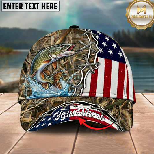 Maxcorners Fishing Cap Woodland Patriotic Design Multicolor Options Personalized Name (12 Fish Species)