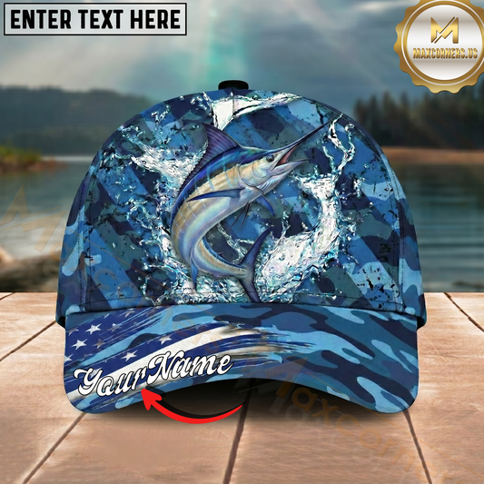 Maxcorners Fishing Cap Patriotic Blue Camo Design Multicolor Options Personalized Name (12 Fish Species)