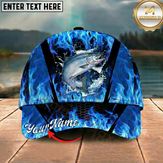 Maxcorners Fishing Cap Blue Flame Bass Design Multicolor Options Personalized Name (12 Fish Species)