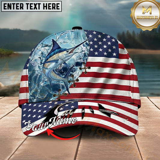 Maxcorners Fishing Cap Patriotic Marlin Design Multicolor Options Personalized Name (12 Fish Species)