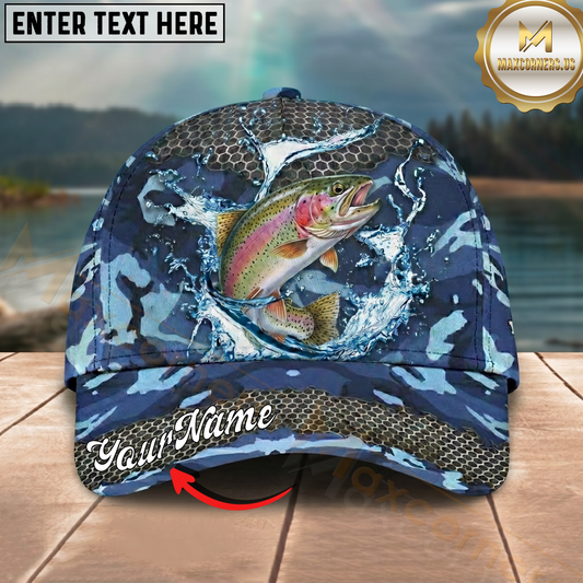 Maxcorners Fishing Cap Blue Camouflage Water Splash Design Multicolor Options Personalized Name (12 Fish Species)