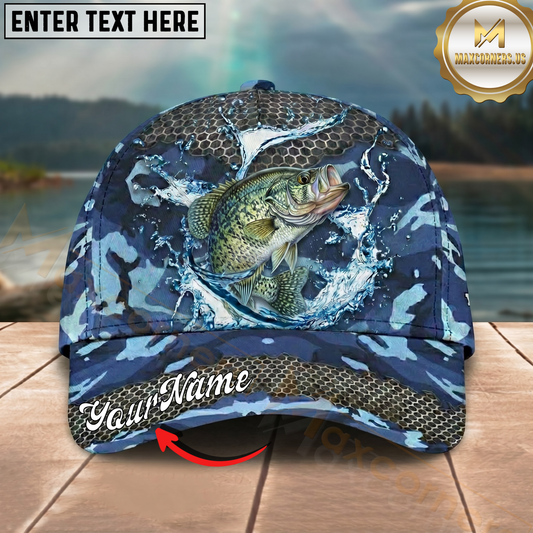 Maxcorners Fishing Cap Blue Camouflage Water Splash Design Multicolor Options Personalized Name (12 Fish Species)