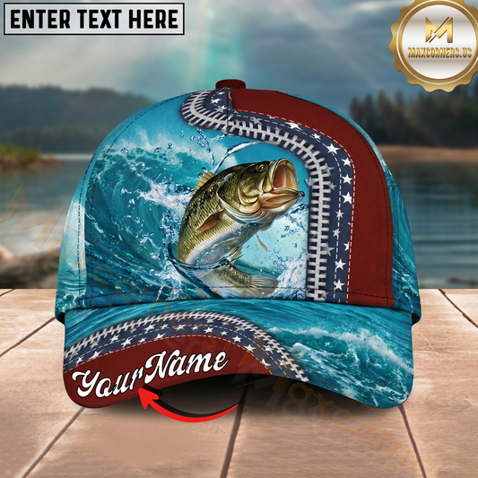 Maxcorners Fishing Cap Patriotic Wave And Zipper Design Multicolor Options Personalized Name (12 Fish Species)