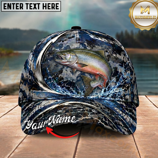 Maxcorners Fishing Cap Navy Ocean Camo Design Multicolor Options Personalized Name (12 Fish Species)