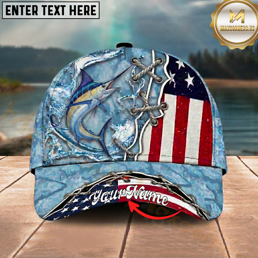 Maxcorners Fishing Cap Patriotic Lace-Up Design Multicolor Options Personalized Name (12 Fish Species)