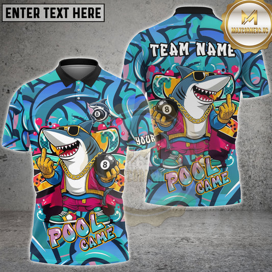 Maxcorners Pool Game Shirt Cartoon Shark Billiards Graffiti Style Multicolor Options Personalized Name, Team Name 3D Shirt (4 Colors)