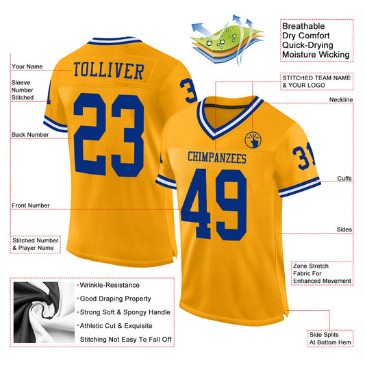 Maxcorners Custom Gold Royal-White Mesh Authentic Throwback Football Jersey LM2605