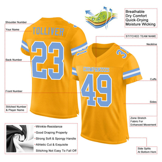 Maxcorners Custom Gold Light Blue-White Mesh Authentic Football Jersey LM2605
