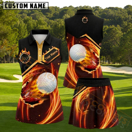 Maxcorners Black Flaming Golf Ball Golf Personalized Name 3D Golf Shirt and Golf Skirt