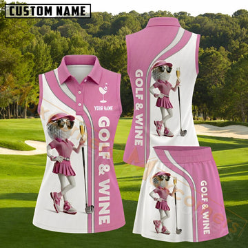 Maxcorners Pink White Golf And Wine Girl Golf Personalized Name 3D Golf Shirt and Golf Skirt