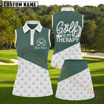 Maxcorners Green White Golf Is My Therapy Golf Personalized Name 3D Golf Shirt and Golf Skirt