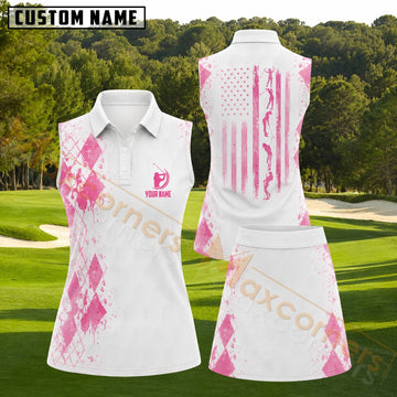 Maxcorners Distressed Pink Argyle Flag Golf Personalized Name 3D Golf Shirt and Golf Skirt