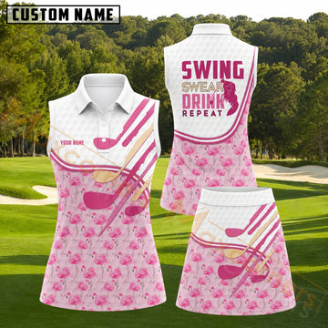 Maxcorners Swing Swear Drink Repeat Pink Flamingo Golf Personalized Name 3D Golf Shirt and Golf Skirt