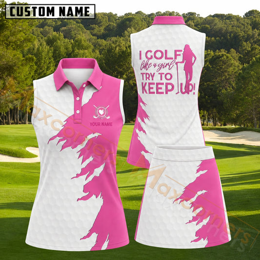Maxcorners I Golf Like A Girl Pink Torn Style Golf Personalized Name 3D Golf Shirt and Golf Skirt