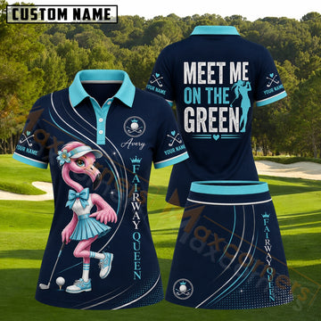Maxcorners Navy Blue Aqua Pink Flamingo Golfer Pattern Golf Personalized Name 3D Golf Shirt and Golf Skirt