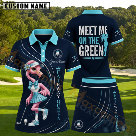 Maxcorners Navy Blue Aqua Pink Flamingo Golfer Pattern Golf Personalized Name 3D Golf Shirt and Golf Skirt
