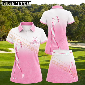 Maxcorners Pink White Gradient Lady Golfer Geometric Pattern Golf Personalized Name 3D Golf Shirt and Golf Skirt