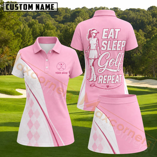 Maxcorners Pink White Argyle Lady Golfer Pattern Golf Personalized Name 3D Golf Shirt and Golf Skirt