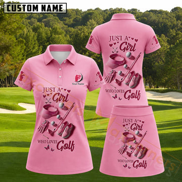 Maxcorners Pink Golf Girl Equipment Pattern Golf Personalized Name 3D Golf Shirt and Golf Skirt