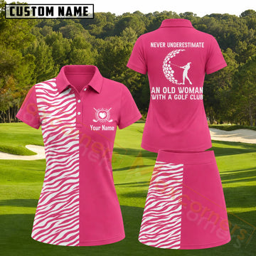 Maxcorners Pink White Zebra Lady Golfer Pattern Golf Personalized Name 3D Golf Shirt and Golf Skirt