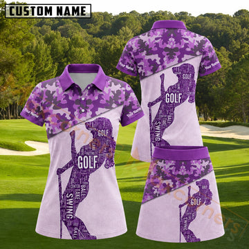 Maxcorners Purple Camo Golfer Typography Pattern Golf Personalized Name 3D Golf Shirt and Golf Skirt