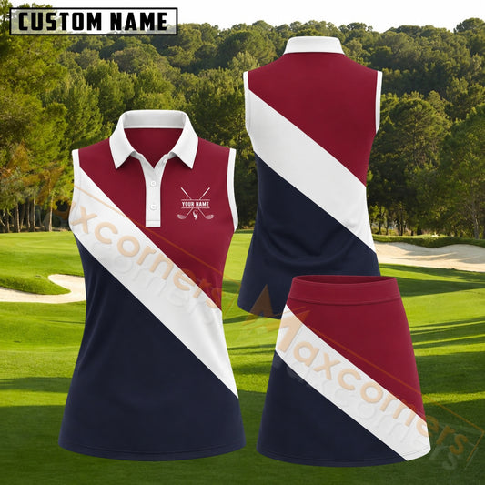Maxcorners Burgundy White Navy Diagonal Stripe Golf Personalized Name 3D Golf Shirt and Golf Skirt