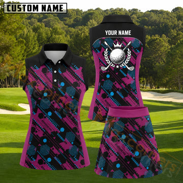Maxcorners Black Pink Blue Geometric Pattern Golf Personalized Name 3D Golf Shirt and Golf Skirt