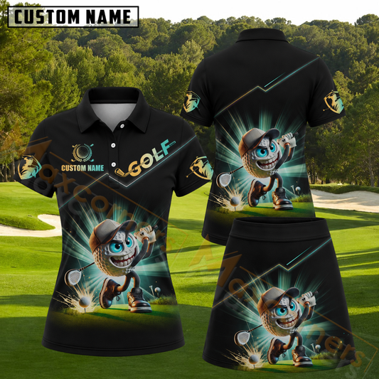 Maxcorners Energetic Golf Ball Mascot Big Swing Light Burst Effect Black Personalized Name 3D Golf Shirt and Golf Skirt