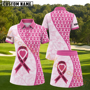 Maxcorners Pink White Breast Cancer Awareness Ribbon Floral Personalized Name 3D Golf Shirt and Golf Skirt