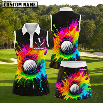 Maxcorners Colorful Paint Splash Golf Ball Personalized Name 3D Golf Shirt and Golf Skirt