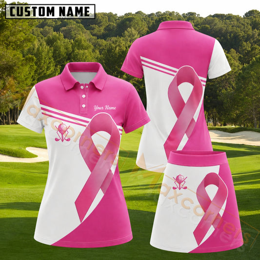 Maxcorners Pink Breast Cancer Awareness Ribbon Personalized Name 3D Golf Shirt and Golf Skirt